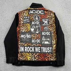 AC/DC Denim Jacket Mens L Black Leopard Print In Rock We Trust Graphic Trucker